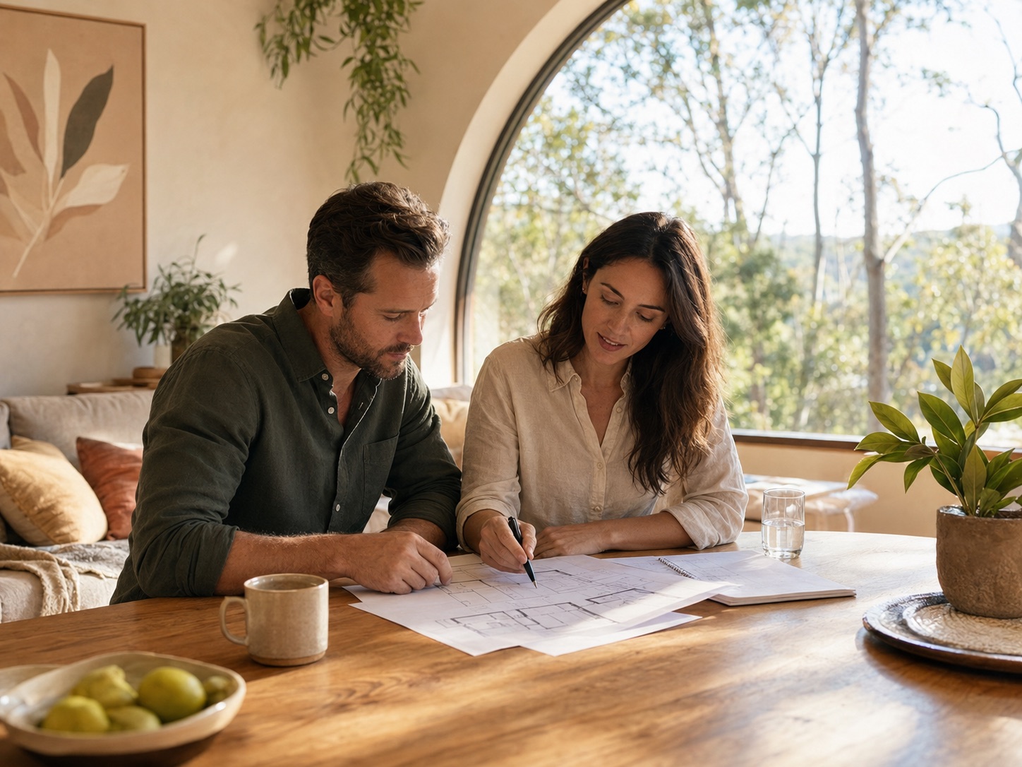 A couple reviewing floor plans together at their kitchen table
